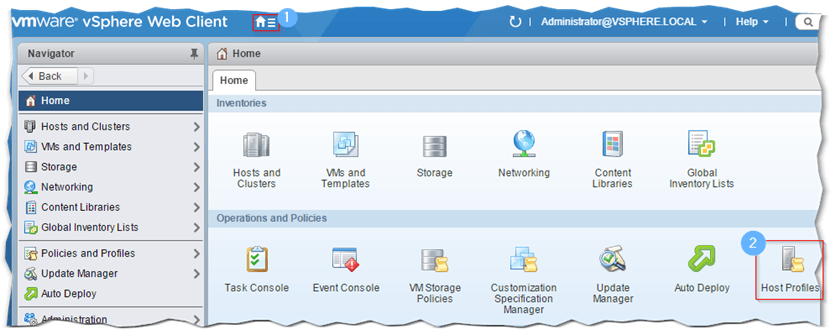 Figure 4 - Selecting host profiles from the Home screen in vSphere web client