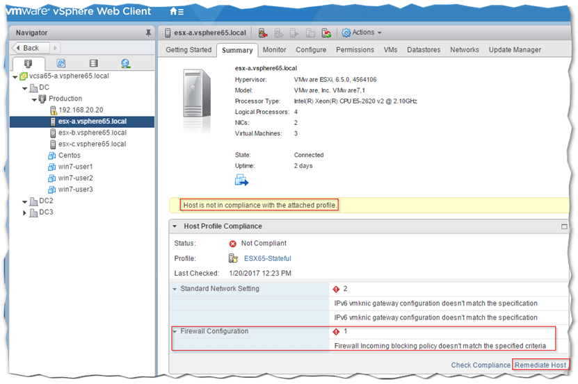 Figure 9 - A host profile compliance summary and links to re-check and remediate the host