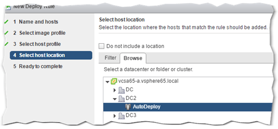 Figure 19 - Specifying the vSphere location the provisioned ESXi host will be added to