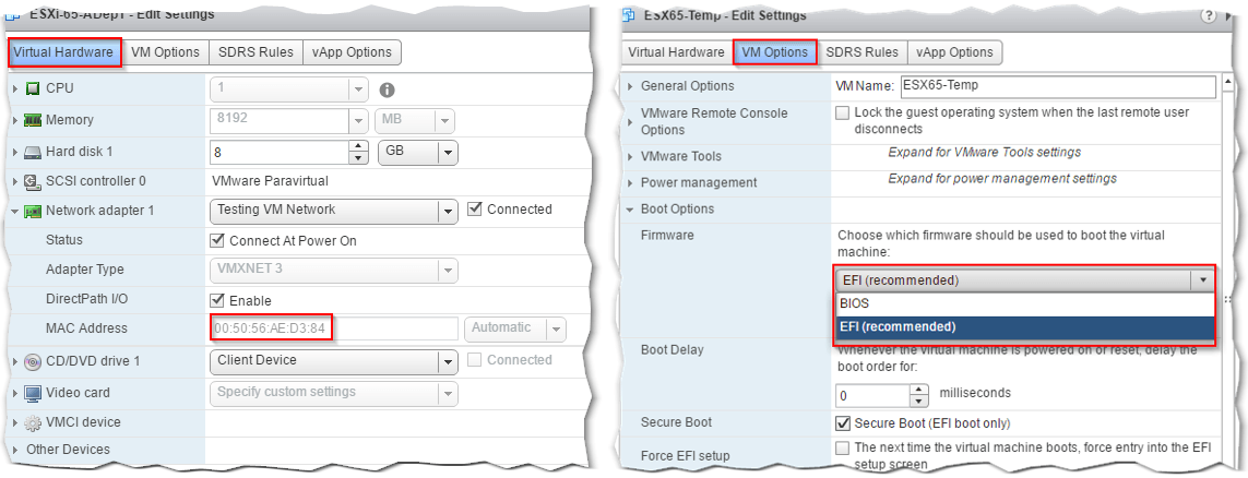 Figure 9 - Recording the VM's MAC address and setting the firmware type to BIOS or EFI