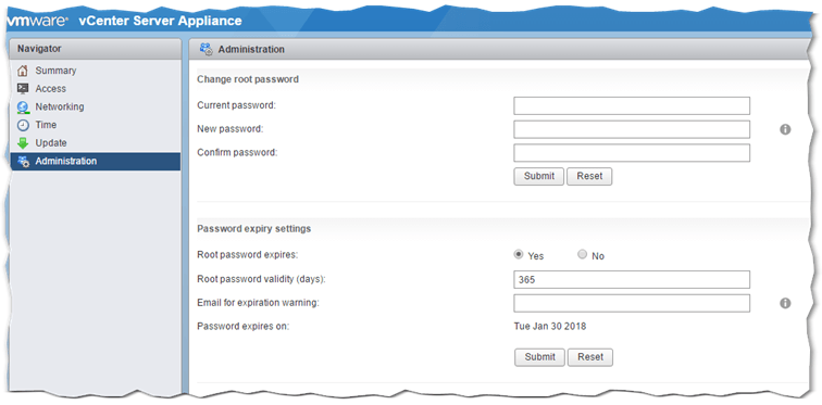 Figure 10 - VCSA 6.0 U2: Root password and expiration settings in VAMI