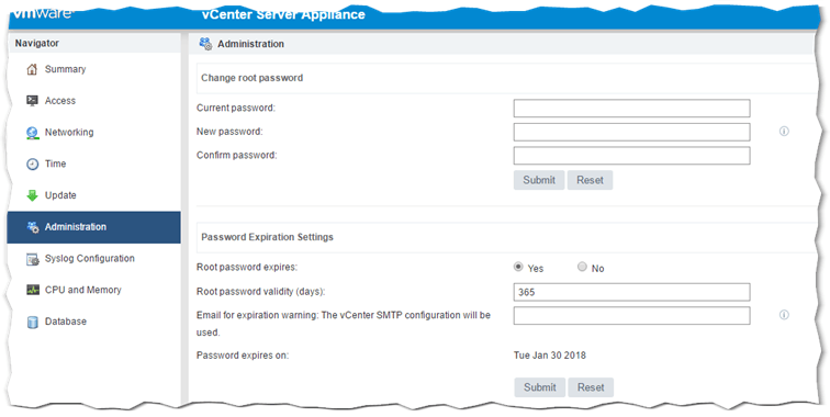 Figure 10 - VCSA 6.5: Root password and expiration settings in VAMI