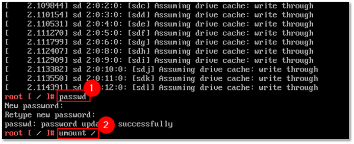 Figure 3 - Changing the root password and unmounting the file system