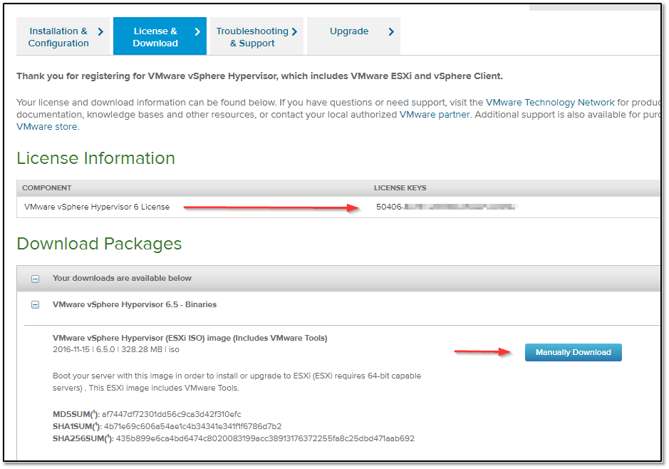 Downloading the free version of ESXi, license key included