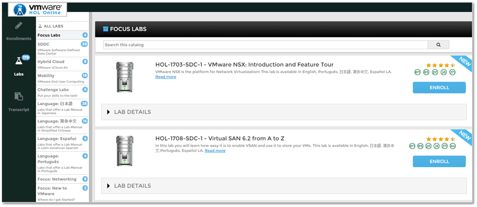 The VMware Online Labs page