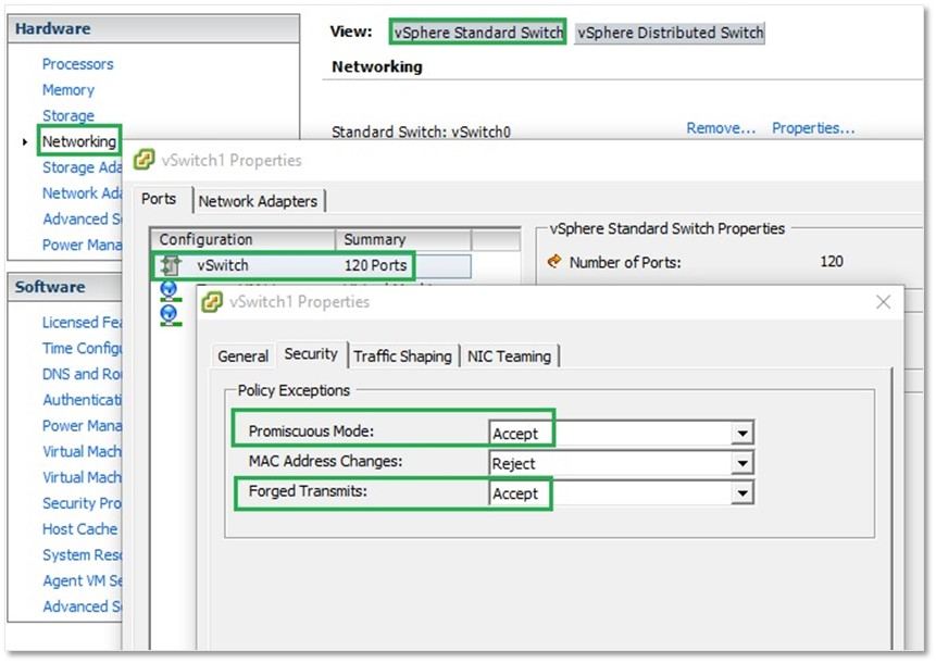 Figure 1 - Enabling promiscuous mode and forged transmits on a virtual switch