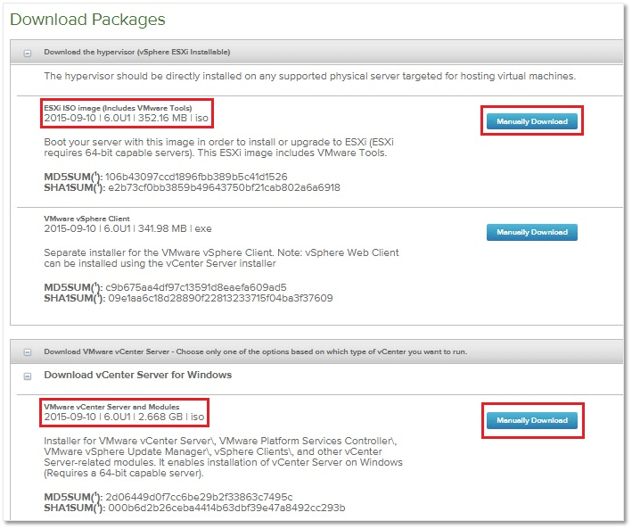 Figure 2 - ESXi and vCenter Server for Windows 6.0 downloadable ISO images