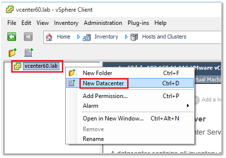 Creating a new datacenter object on vCenter Server