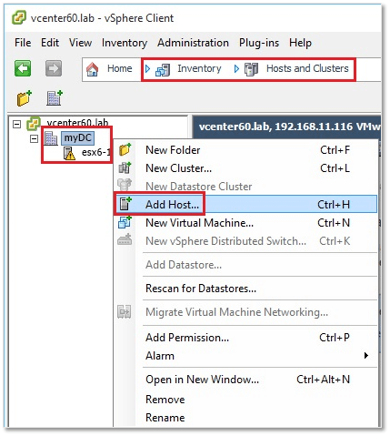 Adding a new ESXi host to vCenter Server