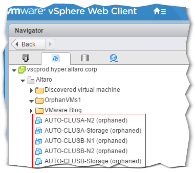 Figure 2 - Orphaned VMs as they appear listed in vSphere Web Client