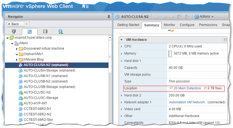 Figure 3 - Finding an orphaned VM's primary folder on a datastore