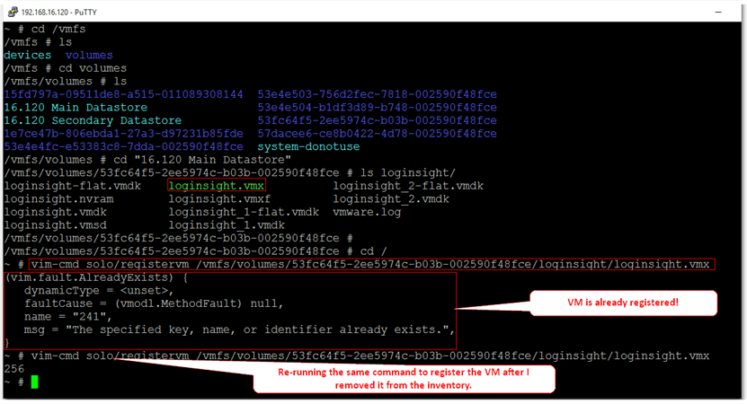 Figure 6 - Using vim-cmd solo/registervm on ESXi to register a virtual machine