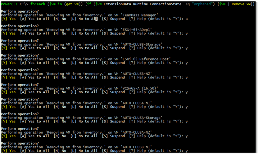 Figure 9 - Removing orphaned VMs with the Remove-VM cmdlet in PowerCLI