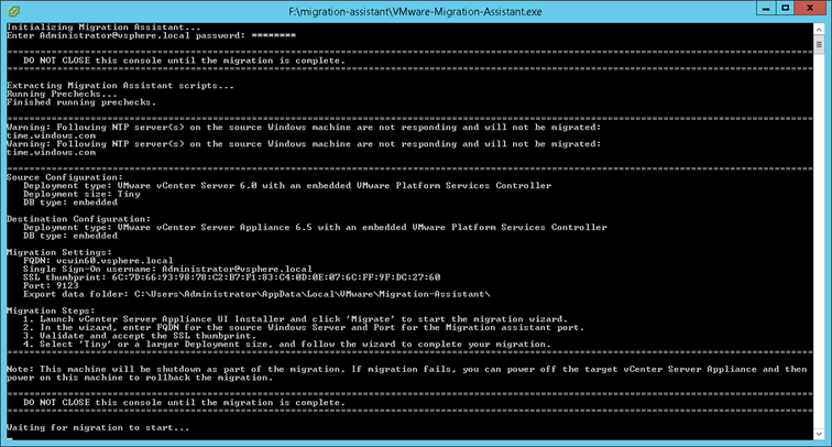 Migration Assistant running on vCenter Server for Windows being migrated