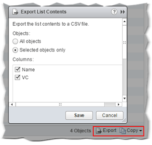 Figure 7 - Exporting object lists to clipboard or to a CSV file