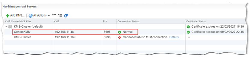 Figure 7 - KMS connection details and status in vCenter Server