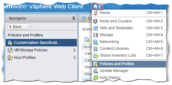 Figure 8 - Accessing the Policies and Profiles page in vSphere Web Client