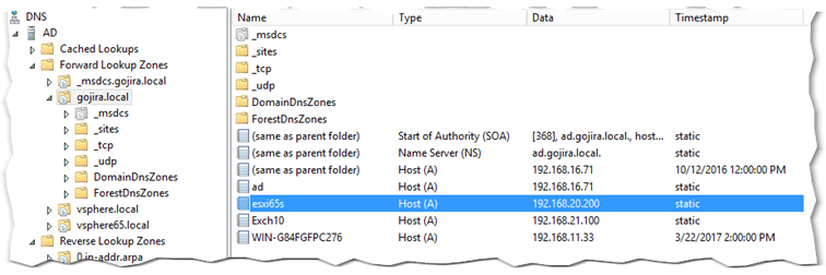 Figure 1 - Creating DNS records for ESXi on a Microsoft DNS server