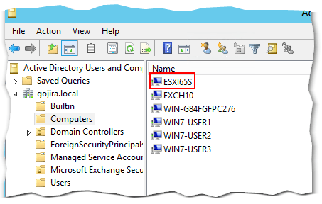 Figure 13 - A computer account for ESXi is created in AD on joining the domain