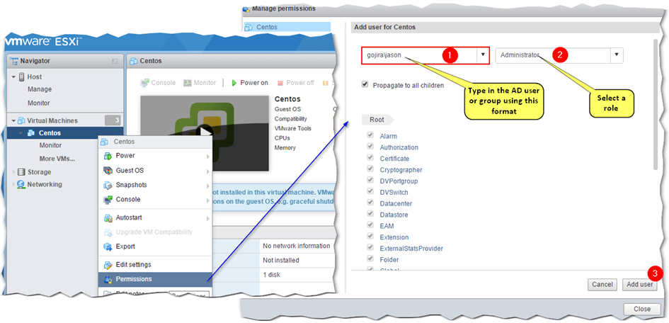 Figure 14 - Granting permissions using AD security principles via the embedded ESXi host client