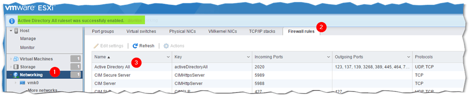 Figure 4 - Enabling the Active Directory All firewall rule on ESXi