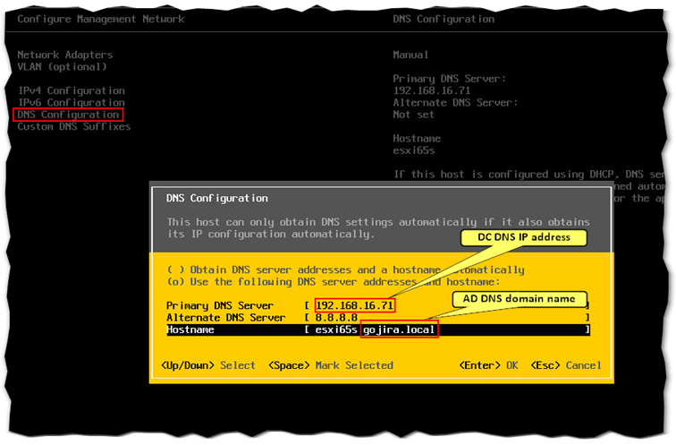 Figure 5 - Configuring the DNS settings on ESXi using the DCUI
