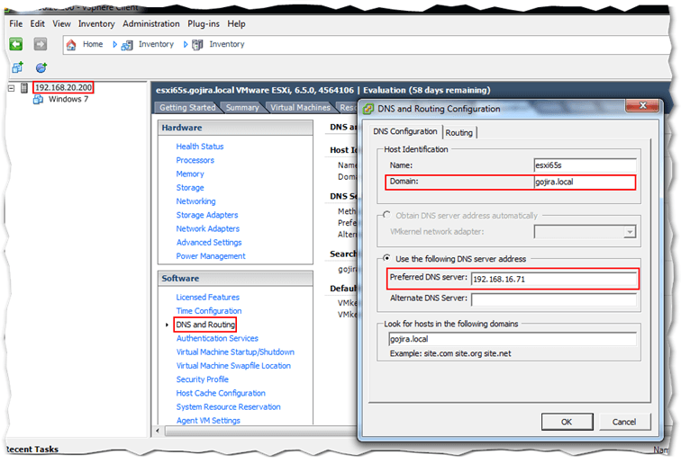 Figure 6 - Configuring the DNS settings on ESXi via the thick client