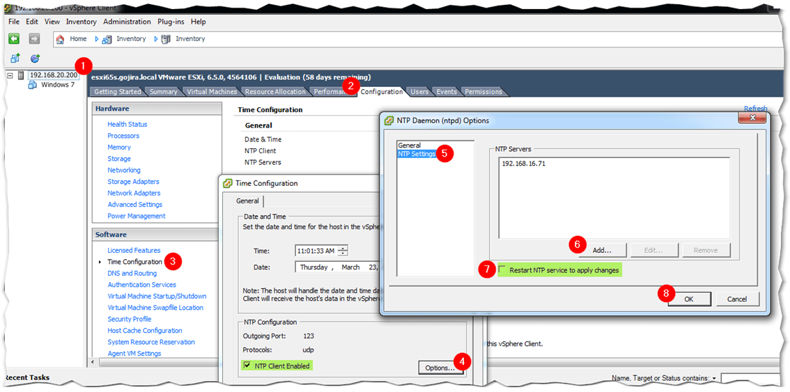 Figure 7 - Managing the NTP service on ESXi via the thick client