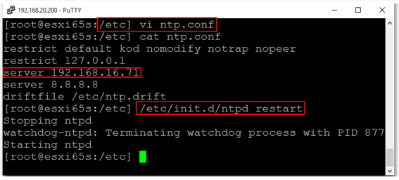 Figure 8 - Adding an NTP time source via the command line and restarting the NTP daemon
