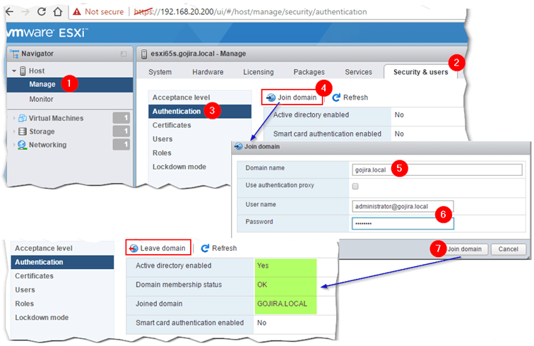 Figure 10 - Use the host client to join ESXi to Active Directory