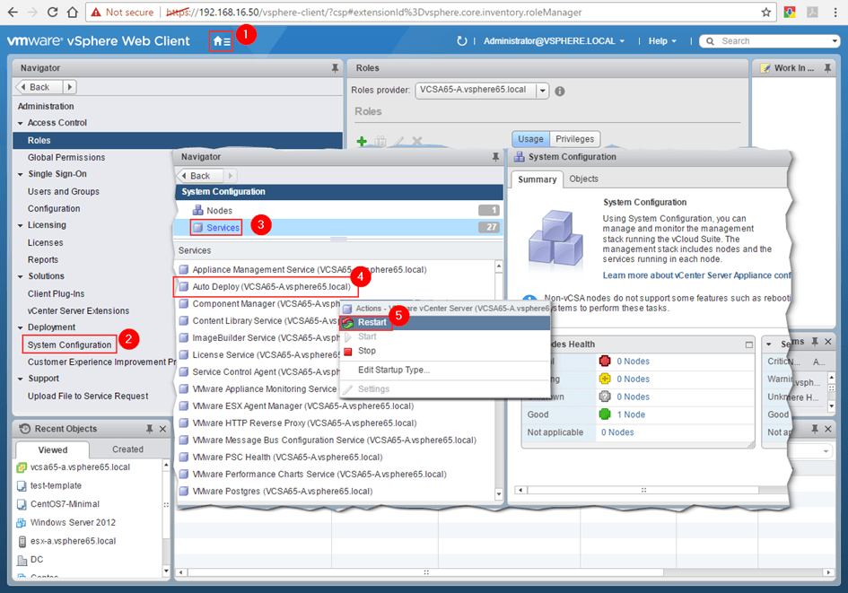 Figure 6 - Managing vCenter Server services via the vSphere Web Client