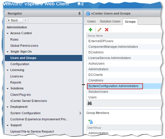 Figure 1 - The SystemConfiguration.Administrators local group - Membership is required to join vCenter to AD