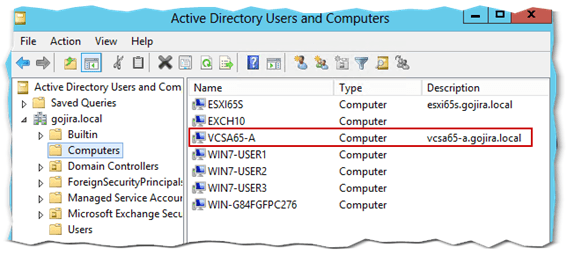 Figure 5 - The AD computer account created for vCenter