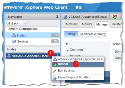 Figure 6 - Rebooting vCenter Server for vSphere Web Client