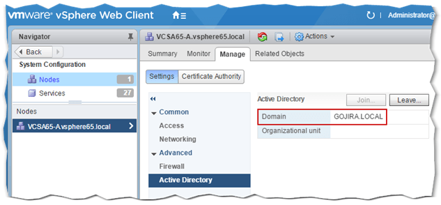 Figure 7 - Verifying that vCenter has successfully joined AD
