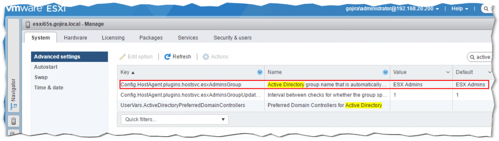 Figure 3 - Specifying an alternative AD ESXi root user group using the embedded ESXi host client