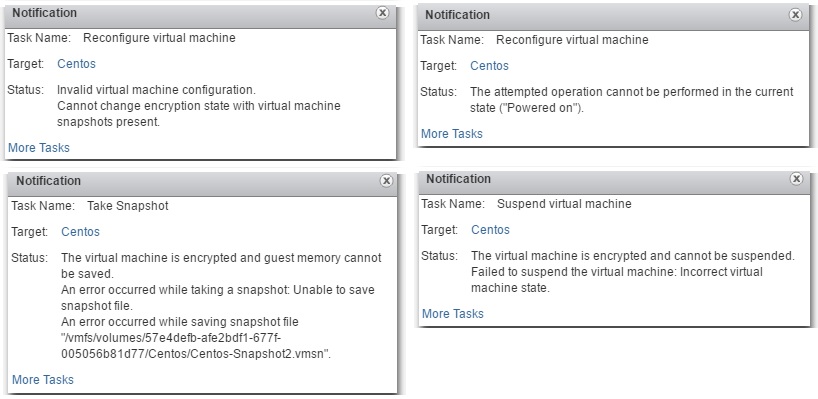 Figure 15 - A few unsupported tasks related to encrypting VMs