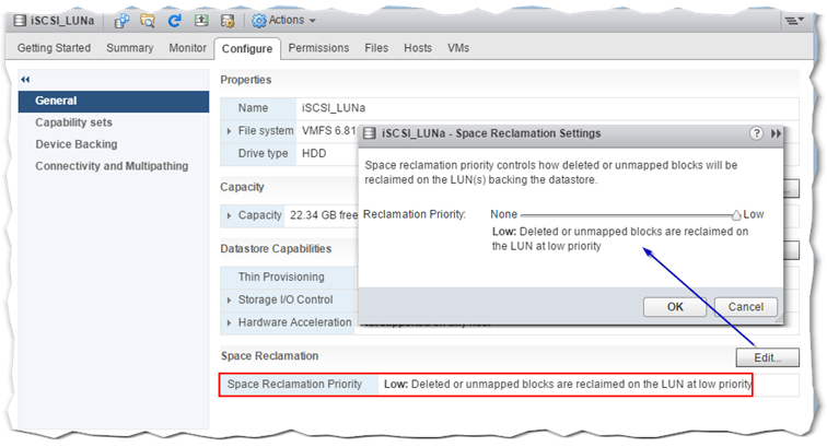 Figure 1 - Automatic space reclamation with vSphere 6.5 and VMFS-6 datastores