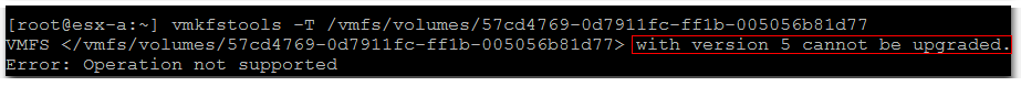 Figure 11 - Trying an in-place VMFS upgrade using vmkfstools