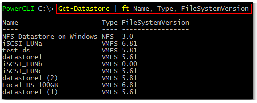 Figure 3 - Listing datastores and VMFS type using PowerCLI