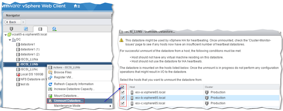 Figure 5 - Unmounting a shared datastore provisioned on a SAN