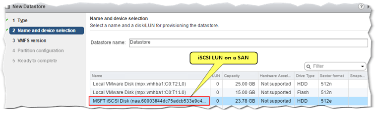 Figure 8 - Selecting the device on which the datastore will be created