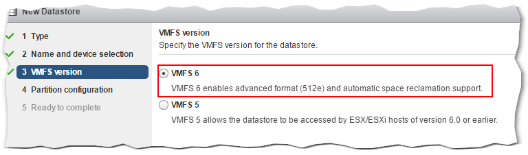 Figure 9 - Selecting the VMFS type for the new datastore