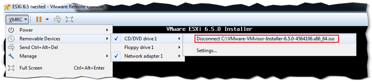 Unmounting the ESXi ISO image prior to rebooting ESXi after a successful install
