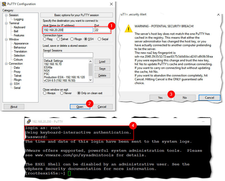 Using putty to SSH on the nested ESXi host