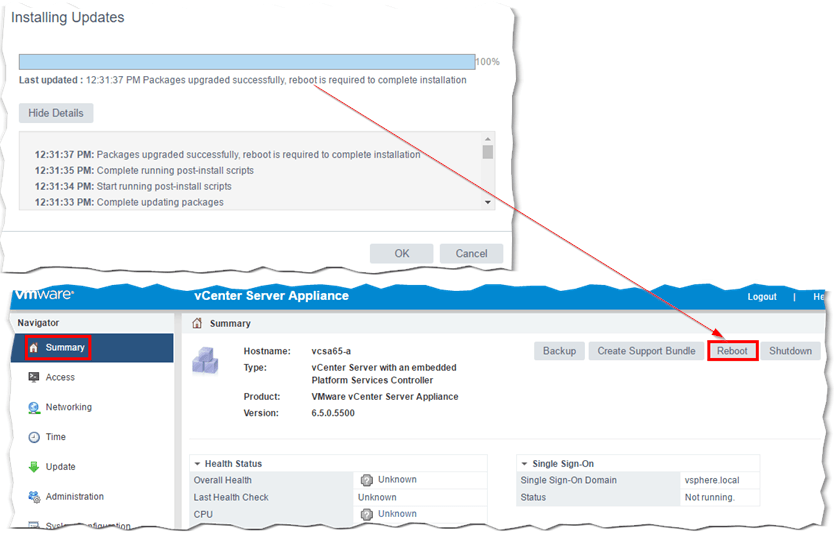 A successful update! An appliance reboot is mandatory.