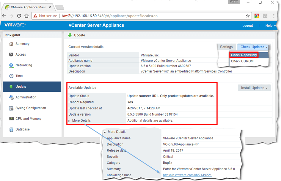 Manually checking for the latest update. Full details for update are also displayed.