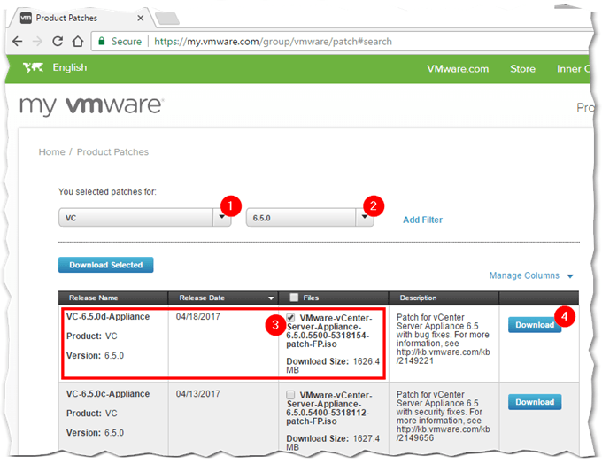 Downloading the vCSA update as an ISO image