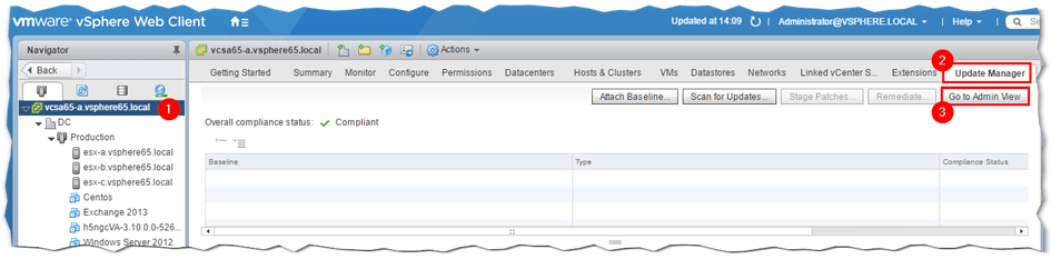 Figure 2 - Changing to VUM's Admin view in vSphere Web client