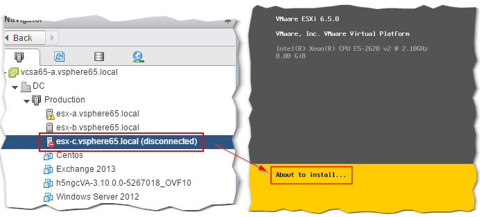 Figure 20 - A host is disconnected while being updated as can be seen in vSphere client and DCUI